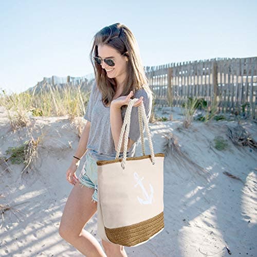 flintronic Women Beach Bag | Canvas Travel Tote Bag | Large Shoulder Bag with Rope Handle for Beach, Holiday, Shopping, Traveling (45cm*32cm*14cm) Anchor Pattern Design (Pink) — view 2
