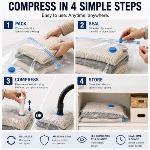NEXURGE Vacuum Storage Bags with Hand Pump, 5 Pack 50 × 70 cm, Airtight Compression Space Saver Bags for Clothes, Bedding, Wardrobe, Travel & Luggage, Clear — view 5