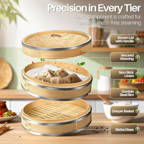 Flexzion 8-Inch Bamboo Steamer Basket Set with Stainless Steel Banding — view 4