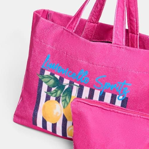 OHS Beach Tote Bags for Women, Limoncello Spritz Slogan Large Beach Bag with Matching Zip Pouch Waterproof Lining Reusable Grocery Bags for Women Travelling Shopping Pool, Pink — view 4