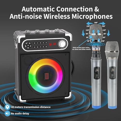 Karaoke Machine with 2 Wireless Microphones, Portable Bluetooth Speaker for Adults & Kids, PA System with LED Lights, TWS, Supports TF Card/USB, AUX in, FM, USB for Home Party Outdoor Gathering — view 4