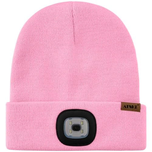 ATNKE Kids LED Lighted Beanie Hat,USB Rechargeable 4 LED Running Headlamp Ultra Bright Cap with Light Hands Free Head Torch Winter Warm Knit Beany Great Gifts for Boys and Girls/Pink — view 2