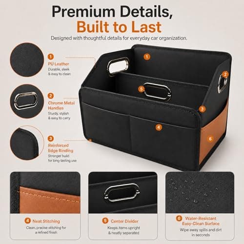 Noaman Car Organiser - 2025 Upgraded Leather Car Storage Organiser for Front Back Seat or Floor with 3 Metal Handles 6 Apartments, Multipurpose Car Caddy Organisers and Storage Black — view 4
