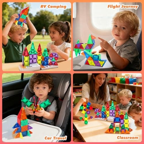 51PCS Mini Magnetic Tiles Travel Set with Iron Storage Box Kids Toys Gifts for 3-8 Years Boys Girls Toddlers, Portable Building Blocks Montessori Educational Toy for Plane, Car Rides & On-The-Go Play — view 5
