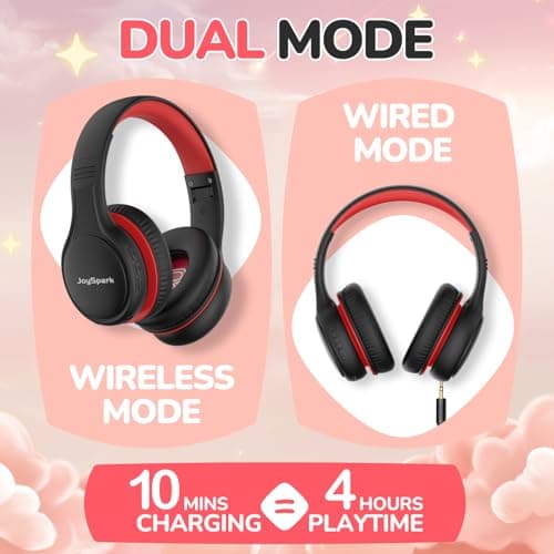 JoySpark Kids Bluetooth Headphones, 60 Hours Playtime, Bluetooth 5.4 Kids Headphones Wireless, Type-C Fast Charging, 85/94dB Volume Limited, Foldable Toddler Headsets with Mic-Black Red — view 6