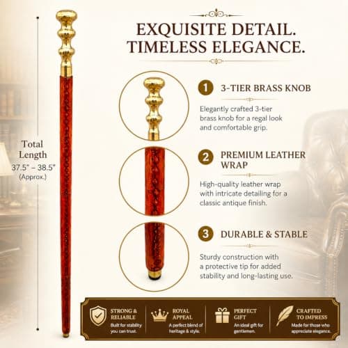Wooden Walking Stick with Classic Brass Handle - Antique Folding Walking Stick for Men and Women - Victorian Style - Engraved Wooden Walking Stick — view 4
