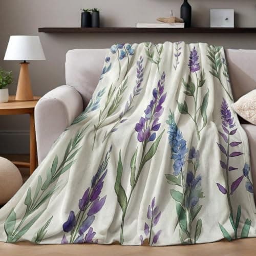 Fleece Flannel Throw Blanket for Bed Sofa Travel Soft Microfiber Blanket for Adults Kids Lightweight Green plants and lavender 70 x 100 cm — view 4
