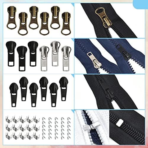 24 Pcs #5#7 Zipper Sliders Replacement Zipper Pull Repair Kit Includes top and Bottom stoppers for Clothing Bags Purses Luggage Metal Plastic Nylon Coil Jacket Zippers Supplies — view 4