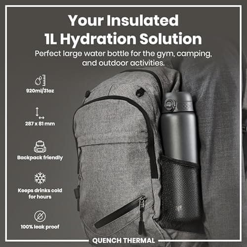 Ion8 Vacuum Insulated Stainless Steel 1 Litre Water Bottle, 920ml, Leak Proof, One-Finger Open, Secure Lock, Carry Handle, Dishwasher Safe, Scratch Resistant, Ideal for Sports and Yoga, Grey — view 2