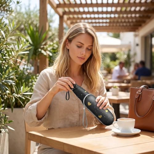 HUANYO Heart Pattern Umbrella - Windproof Compact Folding Umbrella with Auto Open & Close, Portable Travel Umbrella for Women & Men, (Love Black) — view 6
