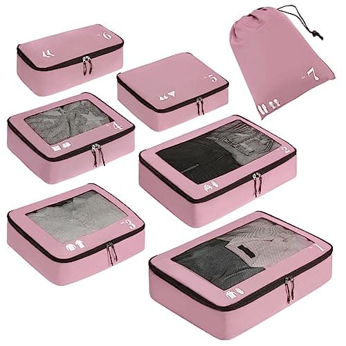 ECOHUB Packing Cubes Suitcase 7 PCS Travel Organiser Packing Bags Recycled PET Eco Friendly Travel Accessories Shoes Bags Travel Storage Bag Luggage Organiser Bags Travel Pouch(Pink) (ECO7001PK)