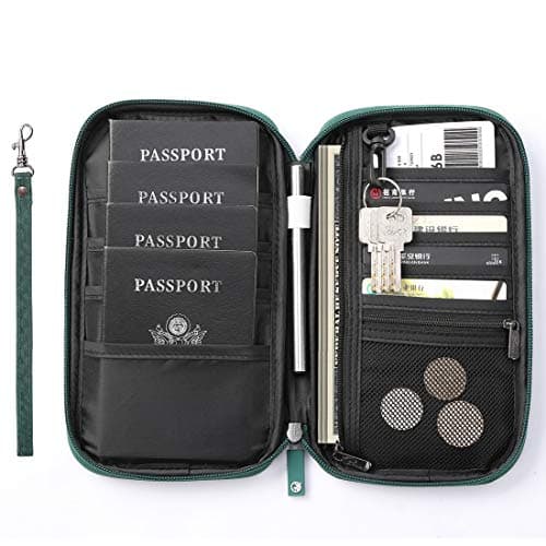 VanFn Travel Wallet Family Passport Holder RFID Blocking Travel Document Organiser Waterproof Holiday Passport Case Men Women for ID Card, Credit Cards, Flight Tickets, Money, Coins (Green) — view 3