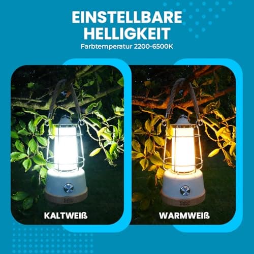 LED Battery Camping Lamp Lantern 370lm Dimmable - USB Rechargeable, Colour Temperature 2200-6500K, Up to 75h Light Time, IP44 Outdoor Lantern with Power Bank, Bamboo & Hemp Rope — view 5