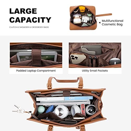 LOVEVOOK Laptop Tote Handbags for Women 15.6 inch Work Bags for Women Leather Ladies College Teacher Bag Large Shoulder Cross Body Bag Waterproof for Office Business School Shopping Travel Brown — view 3