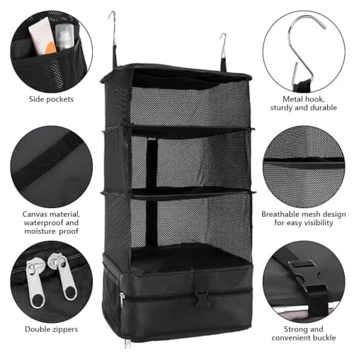 Jonuin Hanging Suitcase Organizer, 3-Shelf Instant Wardrobe with Metal Hooks, Portable Hanging Travel Shelves, Foldable Hanging Travel Storage Organiser for Clothes, Towels, Toys, Shoes (Black) — view 4