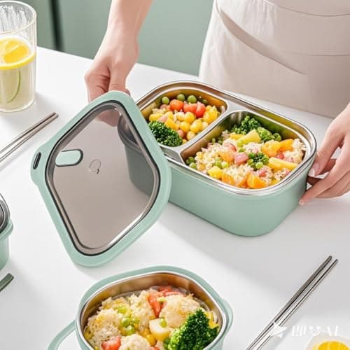 Tiiyee 1.2L Stainless Steel Double Layer Bento Box, Leakproof w Spoon Green — view 2