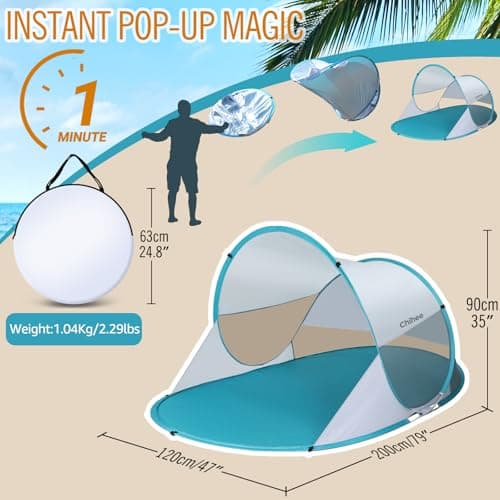 Chihee Beach Tent Pop-up Camping Sun Shelter for with UV Protection Silver-coated Fabric Breathable Mesh Extra Sandbags,Lightweight Easy Setup Portable Beach Shade Canopy Cabana — view 4