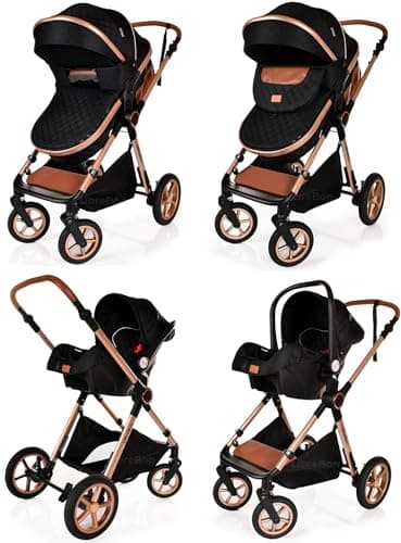 Baby Buggy Pram Pushchair Stroller 3 in 1 Child Lightweight Folding Stroller 3 in 1 Travel System Pram for Newborns & Toddlers from Birth Aluminum (Black - Rose Gold Frame) — view 5