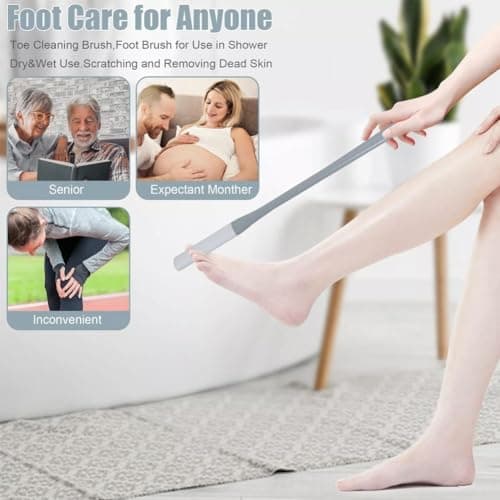 Long-Handled Silicone Toe Crevice Cleaning and Exfoliating Brush with Reusable Drying Covers - Lotion Applicator for Men and Women (Gray) — view 4