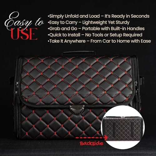 GOSOYO Leather Car Trunk Storage with Lid, Foldable Car Organizer, Boot Storage with Pockets and Dividers, Boot Organizer, Non-Slip Design (Red-Black) — view 6