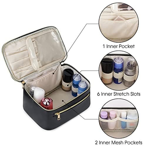 Travel Makeup Bag with Brush Compartment, Large Cosmetic Bags, PU Leather Makeup Case with Handle, Water-Resistant for Women, Black (Patent Pending) — view 4
