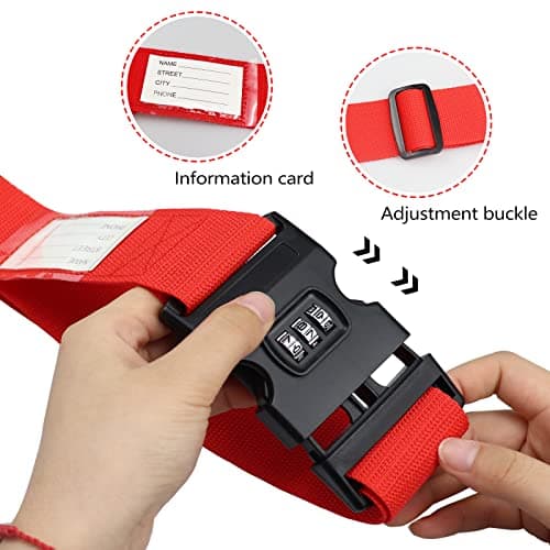Luggage Strap, 2pcs Suitcase Straps with Password Lock Information Card, Adjustable Travel Packing Accessories Suitcase Belts with Buckle (Red, 2 PCS Set) — view 4