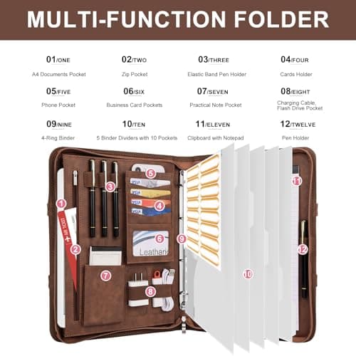 Leathario Portfolio Folder A4, Vegan Leather Conference Folder with Handle, 4-Ring Travel Document Holder with 5 5-Part File Dividers, Multi-Pocket Document Folder Organiser, Office Supplies — view 4