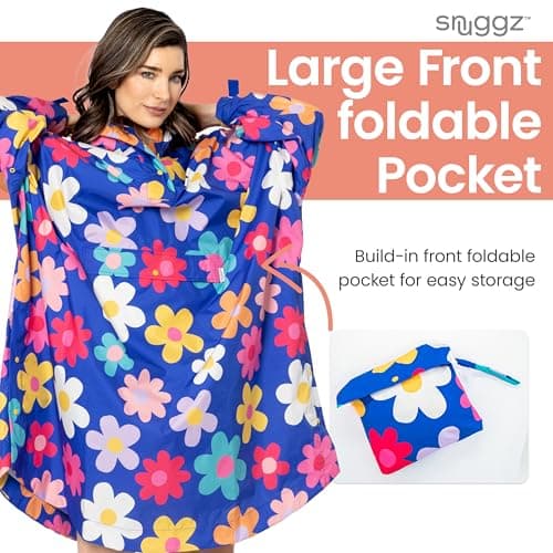 Adult Blue Floral Rain Poncho, Lightweight Waterproof Hooded Rain Coat — view 4