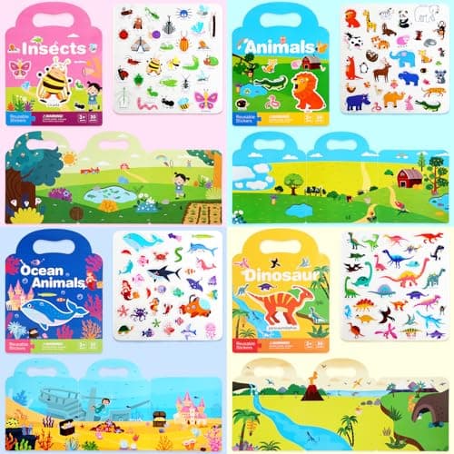 Acuiwer Reusable Sticker Books 4 Pack, Animals Insects Sticker Book with 3D Puffly Waterproof Reusable Stickers Books for Kids 3+ Kids Travel Activity Packs — view 4