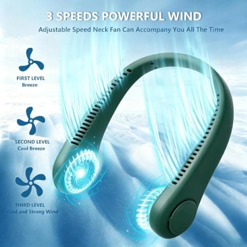 Extraible Portable Neck Fans Rechargeable, 3 Speed Hanging Bladeless Fan, 360° Cooling Personal Fan, USB Rechargeable Hands Free Quiet Wearable Fan for Men Women Home Office Travel Sports (Green) — view 3
