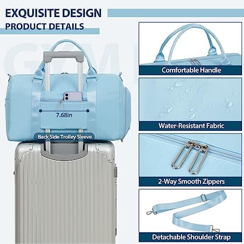 FIORETTO Womens Gym Sports Bag Travel Bag with Shoes Compartment & Wet Pocket, Weekend Overnight Duffle Hospital Bag Carry On Bag Holdall for Travel Swimming Light Blue — view 4