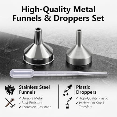 6 Pcs Mini Funnels Set Stainless Steel Small Funnels with 5 2ml Droppers 1.8cm & 2.5cm Tiny Funnels for Filling Small Bottles Essential Oils Perfume and Cosmetics — view 3
