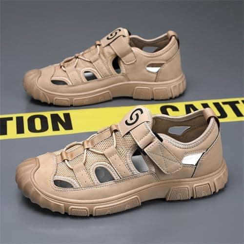 Metaju Men's Closed Toe Outdoor Sandals, PU Leather Lightweight Hiking Sandals with HOOk&LOOP, Non-Slip Rubber Sole Walking Shoes for Beach Trekking Camping Travel Casual Summer (Khaki,7) — view 2
