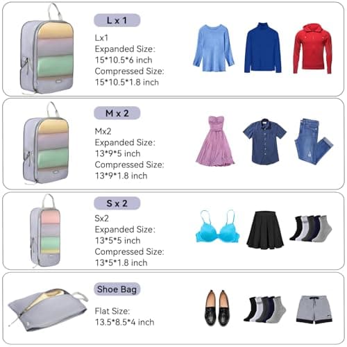 Voova 6 Set Compression Packing Cubes for Suitcases Backpack, Expandable Luggage Suitcase Organiser Bags Set, Packing Organizers for Men Women, Travel Organisers Cubes for Travel Essentials, Grey — view 2