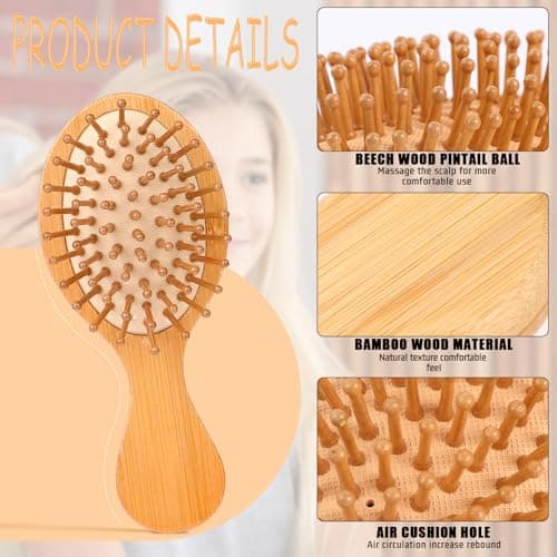2 PCS Travel Brushes for Hair, Mini Bamboo Brush Anti-Static Massage Scalping Detangling Natural Wooden Pocket Small — view 3