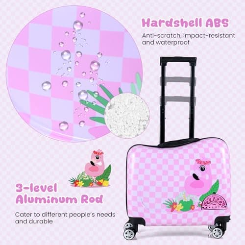 COSTWAY 2PCS Kids Luggage Set, Children Backpack and Ride-on Suitcase with Footrest, Anti-Lose Rope, Travel School Trolley Hardshell Case for Boys Girls (Flamingo, 28cm Backpack + 33cm Suitcase) — view 4