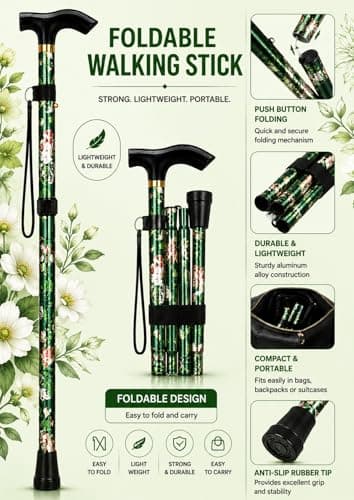ZallyX Foldable Walking Sticks for Men & Women, Adjustable height (85–95cm) Ladies Walking Stick, Mobility aids, Collapsible walking stick For Elderly Adults (Green Flower) — view 4
