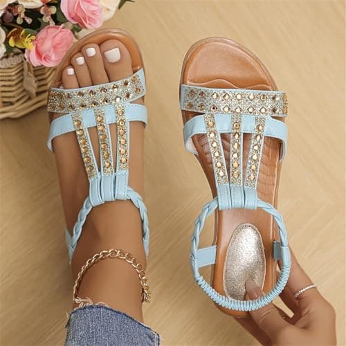 DFSDJEUW clearance today Womens Sandals Wide Fit Comfortable Slip on Wedge Shoes Casual Open Toe Orthopedic Slide Lightweight Summer Cushion Plantar Fasciitis summer sandals women size 7 Light Blue 7 — view 5