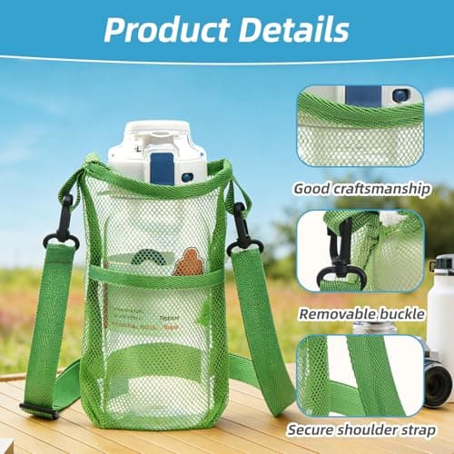 3Pcs Mesh Beach Toys Backpack Bag, Water Bottle Carrier, Large Portable & Foldable Sea Shell Bag With Adjustable Carrying Straps Set for Outdoor Activities (Green) — view 2