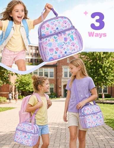 VASCHY Lunch Bag for Girls, Insulated Lunch Box Bag Double Decker Cooler Lunch Tote for Toddlers Kids Women School/Daycare/Picnic Lavender Floral — view 6