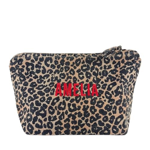 cribstar Personalised Leopard Print Make-Up Bag, Embroidered Cosmetic Pouch, Recycled Cotton, Travel Toiletry, Zippered