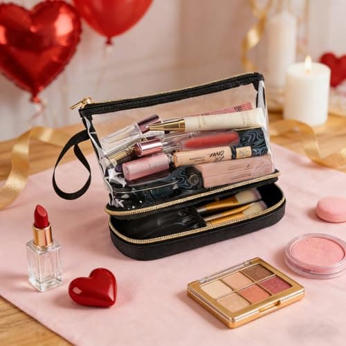 Clear Makeup Bag with Brushes Compartment Travel Toiletry Bag 2 Layer Black — view 2