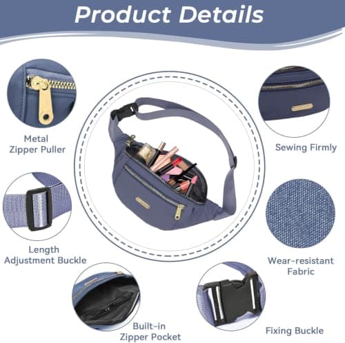 Fanny Pack Fashionable Waist Bag Casual Travel Bum Bag with 3 Zipper Pockets for Women Men Sports Running Hiking Jogging (Blue) — view 4