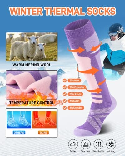 Niorasen Merino Wool Ski Socks Women, 2 Pairs Thermal Knee-High Socks for Winter, Full Cushion Thick Socks, Skiing, Snowboarding, Outdoor Sports, Hunting, Hiking, Pink/Purple 2 Pairs, UK 3-8 — view 5