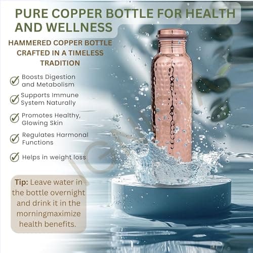 Copper Water Bottle 34oz - 100% pure Ayurvedic copper bottle for drinking | eco-friendly | copper vessel | BPA free non toxic lab tested | Leak-Proof | Handcrafted for Health & Wellness (Hammered) — view 2