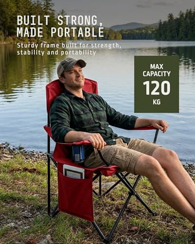 Voyager Folding Camping Chairs 2 Pack with Cooler Bag, Lightweight Q195 Steel Frame, 600D Oxford Fabric, Portable & Comfortable - Black (Red, Pouch) — view 6