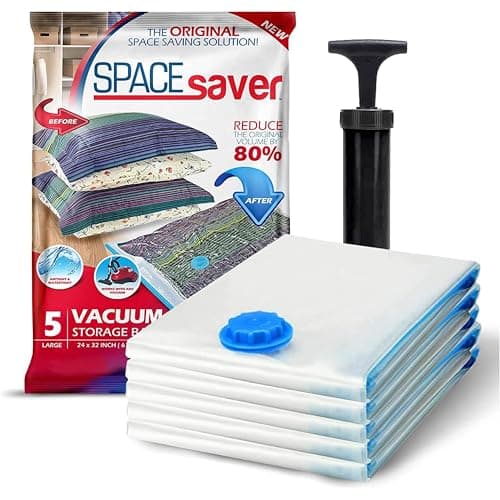 Spacesaver Vacuum Storage Bags - Works With Any Vacuum Cleaner - Hand-Pump for Travel - Double-Zip Seal and Triple Seal Turbo-Valve for Maximum Compression - 80 Percent More Storage Space (5 Pack)