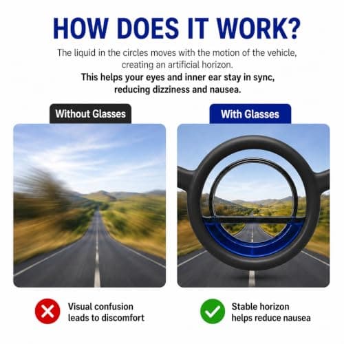 PCIQUTE Motion Sickness Glasses for Adults - 2 Pack Black Anti Nausea Travel Glasses with 2 Pairs Sickness Bands (1 Black + 1 White), Foldable Seasickness Car Sickness Relief for Travel, Plane, Boat — view 3