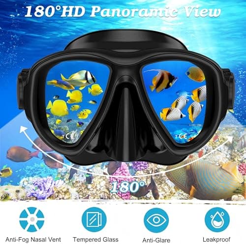 Snorkeling Gear for Adults, 3 in 1 Snorkel Set with Panoramic View Diving Mask Anti-Fog Anti-Leak,Dry Top Snorkel,Fins and Travel Bag for Swimming,Snorkeling and Travel Diving, Black — view 3