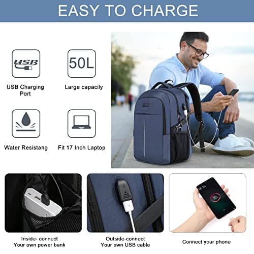 WENIG Backpack for Men,Extra Large 50L Water Resistant 17.3 inch Travel Laptop Backpack Work Bag with USB Charging Port,Anti Theft Big Business Computer Backpack for Men Women College School-Blue — view 3
